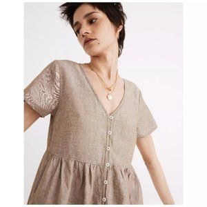 Madewell Linen Alexandra Olive Branch Button Front Baby Doll Mini Dress L